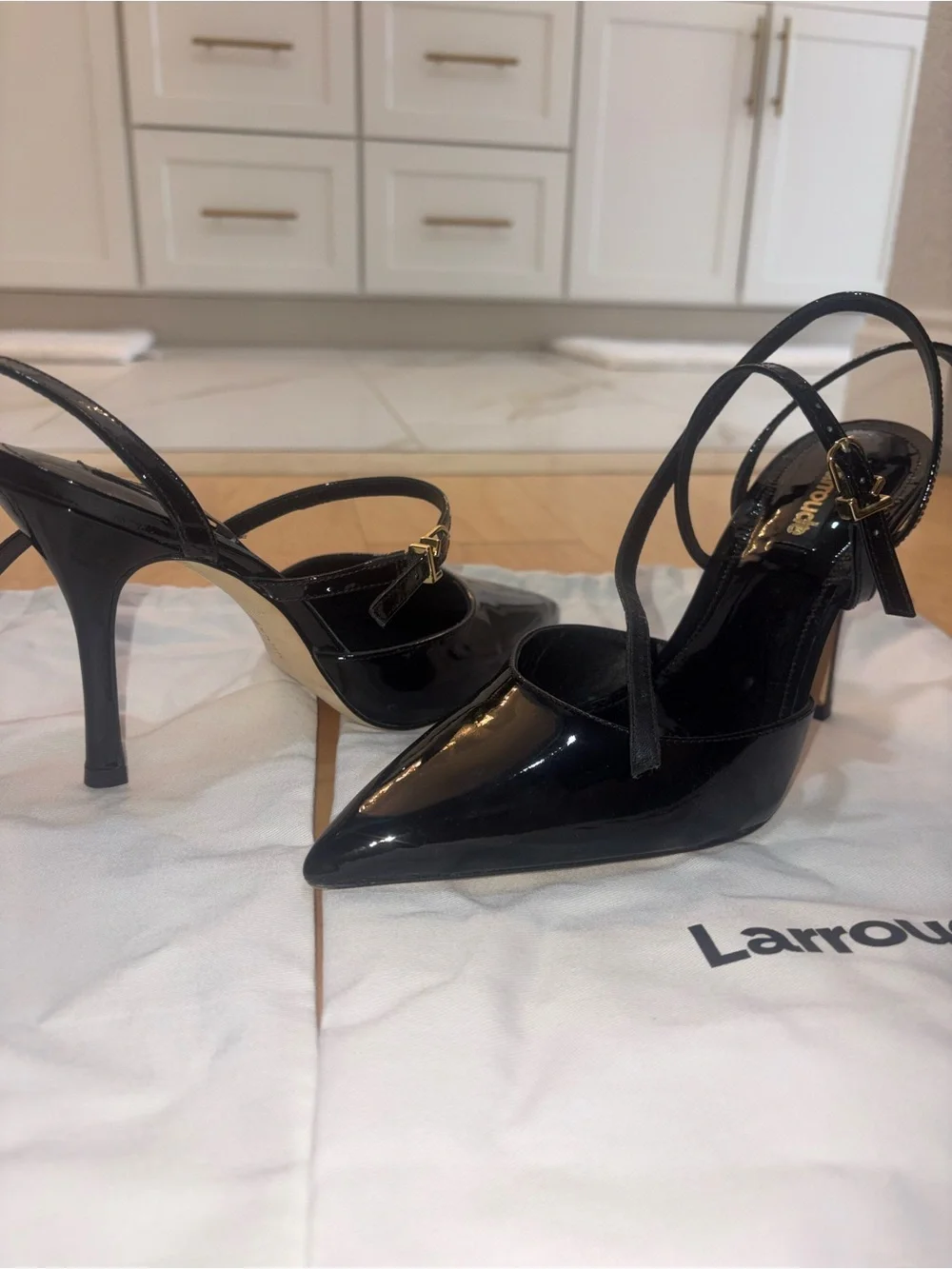 Larroude Black Patent Pointed Ankle-Strap Heels